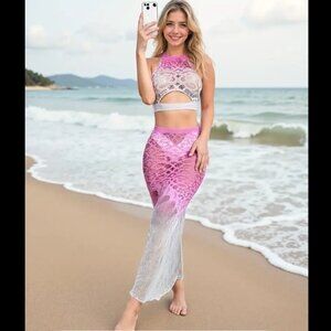 White & Pink Gradient 2pc Crop Top & Long Fishtail Skirt Fishnet Set